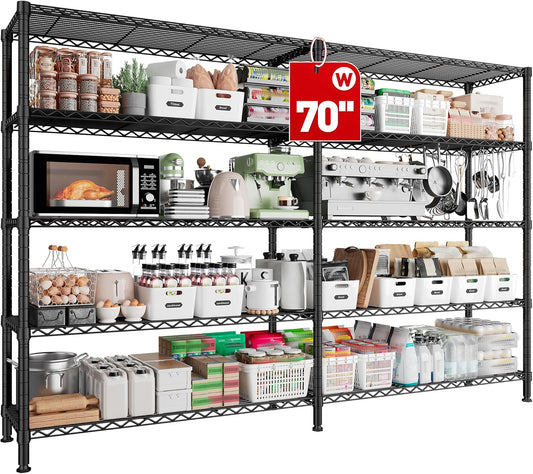 REIBII 70"W Storage Shelves Load 1600LBS, Metal Shelving 5-tier Wire Shelving Unit Metal Shelves for Storage Adjustable Garage Shelving for Pantry Kitchen Garage Commercial school 70"W*15.8"D*72.4"H