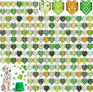 Aliceset 180 Pack St. Patrick's Dog Bandanas Bulk Irish Shamrock Dog Scarf Washable Adjustable Triangle Pet Bibs Neckerchiefs for Small Medium Large Pet Puppy Holiday Costumes Birthday Party Gift