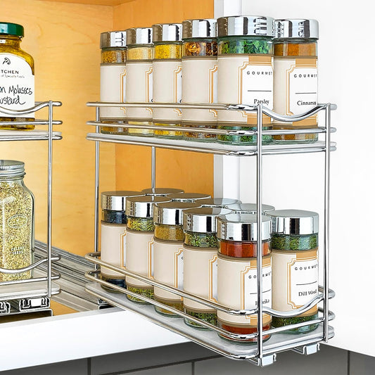 LYNK PROFESSIONALÂ® Pull Out Spice Rack Organizer for Inside Kitchen Cabinets - 4-1\/4 inch Wide - Slide Out Drawer \u2013 Chrome Sliding Spice Cabinet Organization Shelf Racks - 2 Tier