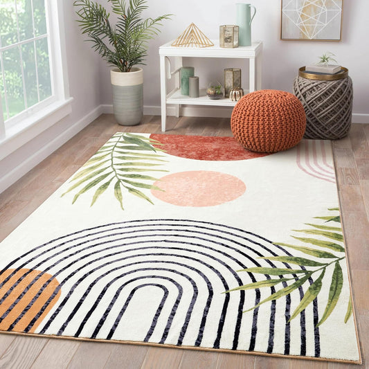 RoomTalks Mid Century Modern Washable Rug, Boho Cute Aesthetic 5x7 Area Rugs for Bedroom Dining Living Room Kitchen, Abstract Tropical Leaves Non Slip Thin Indoor Entryway Rug Accent Floor Carpet