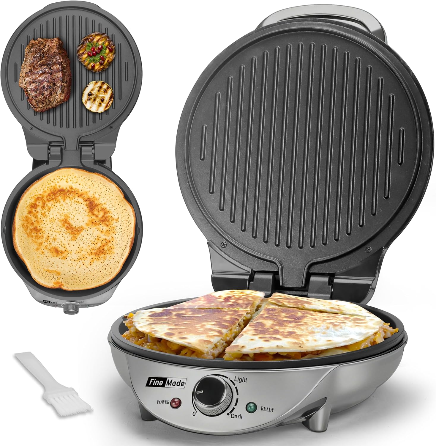 FineMade Electric Griddle Nonstick, Multi-Funtional Quesadilla Maker 10 Inch, Electric Grill Indoor, Pancake Griddle & Pan, Smokeless Indoor Grill, Non-stick Surface, Silver