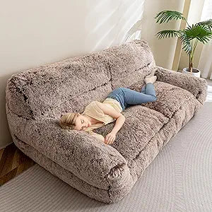 HIGOGOGO Giant Human Dog Sofa Bed, Big Comfy Floor Sofa Couch for Pet Families with Foam Chunk Supportive Mat, Fluffy Faux Fur Orthopedic Dog Bed for Human, XXXL Size, Snow Coffee