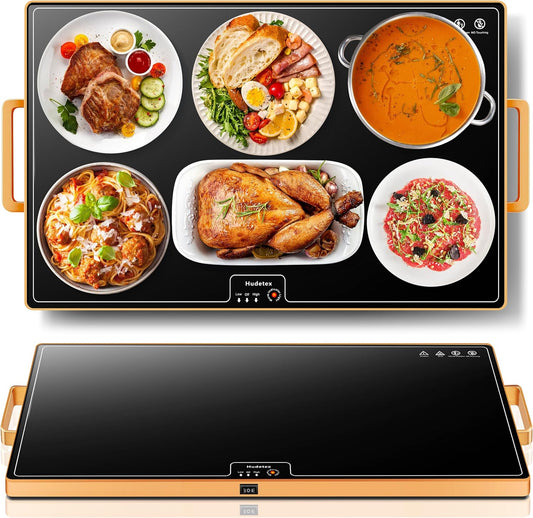 Food Warming Mat (XL 24"x16"), Food Warmers for Parties Buffet and Daily Use, Full Surface Warm Evenly Electric Warming Tray with Button Temperature Control, Gold Handles Warming Mat for Food, Black