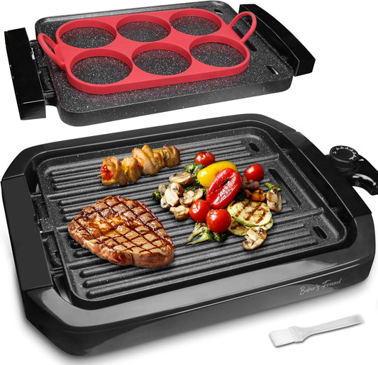 Baker\u2019s Friend Indoor Griddle & Grill, Electric Griddle with 2 in 1 Indoor Grill and Griddle Plate Indoor Grill with Removable Plate, Silicone Mold, Dishwasher Safe, Recipes Include, Graphite