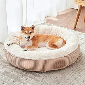 33 inches Donut Dog Bed for Medium Large Dogs,Calming Round Pet Bed with Removable & Washable Cover,Plush Faux Fur & Corduroy, Fits up to 50 lbs Pets(Brown,M Plus)
