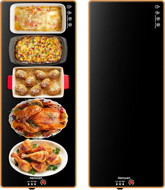 Warming Trays for Buffets Party (Extra Long 40"x12"), Warming Mat for Food with Thermostat & Full Surface Warming, Temperature Adjustable Food Warmer, Tempered Glass Electric Chafing Dishes，Black