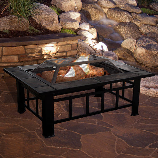 Pure Garden 37-Inch Outdoor Fire Pit with Screen, Cover, and Log Poker (Black)