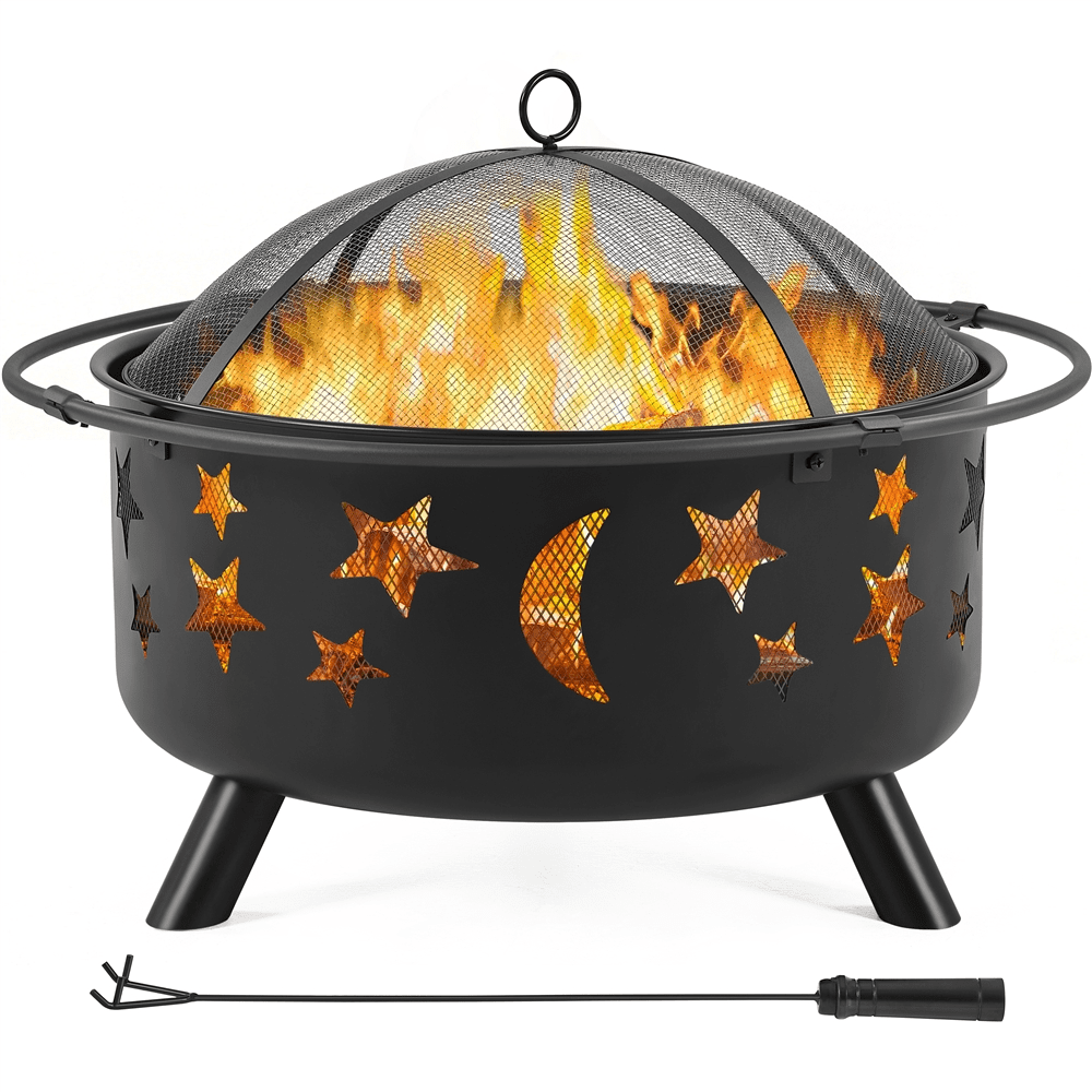 Renwick Round Metal Fire Pit with Stars Moons Pattern, Black